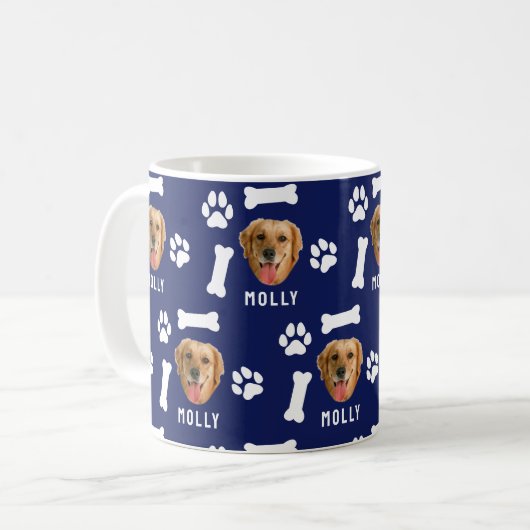 Customized Dog Pet Photo & Name Navy Blue Koffiemok (Voorkant links)