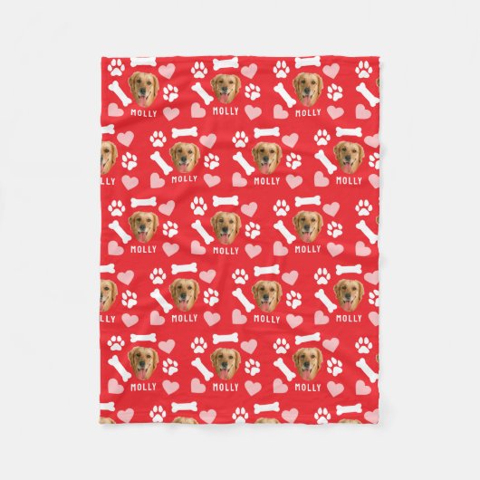 Customized Dog Pet Photo & Name Pink Red Hearts Fleece Deken (Voorkant)