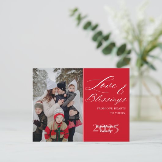 Customized Family Name 1 Photo Year Elegant Script Feestdagenkaart (Staand voorkant)