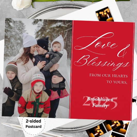 Customized Family Name 1 Photo Year Elegant Script Feestdagenkaart