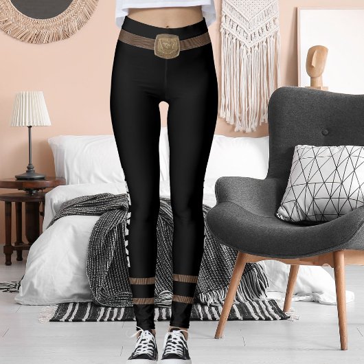 Customized Pet Lover Brown Belt Brass Buckle Black Leggings