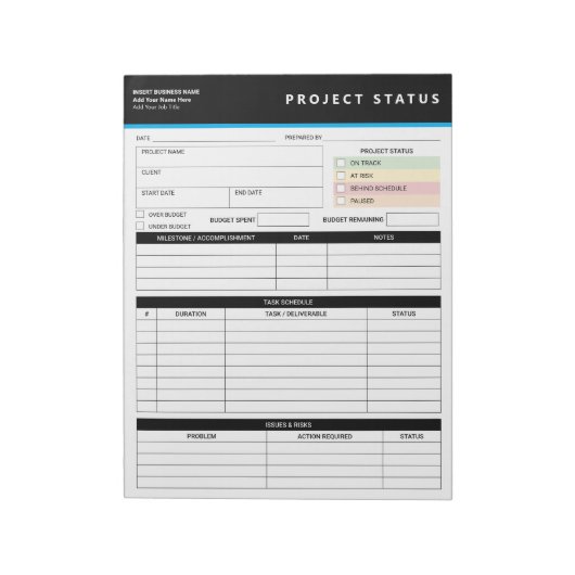 Customized Project Status Report Template Notepad Notitieblok (Linkerzijde)