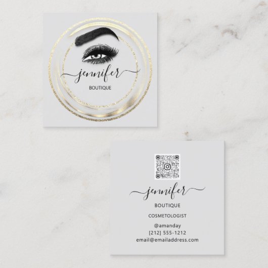 CustomQR Code Logo Glitter Gold Grey Eyelash Vierkante Visitekaartje (Voorkant / Achterkant)