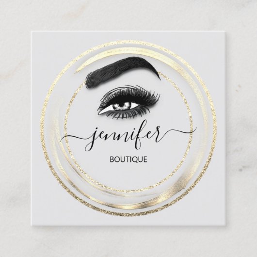 CustomQR Code Logo Glitter Gold Grey Eyelash Vierkante Visitekaartje (Voorkant)