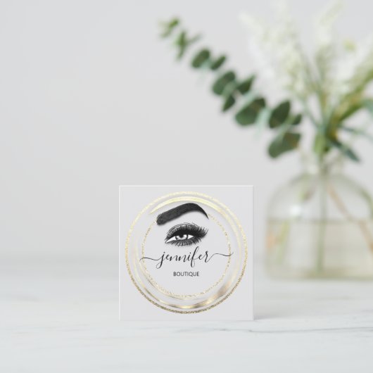 CustomQR Code Logo Glitter Gold Grey Eyelash Vierkante Visitekaartje (Staand voorkant)