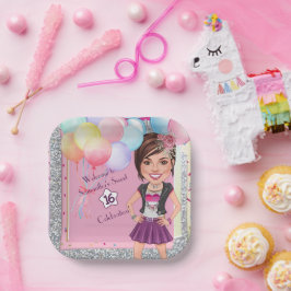 CustomSweet 16 Caricature Uitnodiging met Ballonne Papieren Bordje