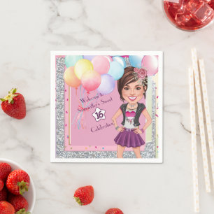 CustomSweet 16 Caricature Uitnodiging met Ballonne Servet