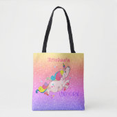 CustomText/ Rainbow Kawaii Eenhoorn Glitter Ombre Tote Bag (Voorkant)