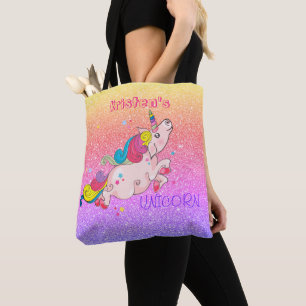 CustomText/ Rainbow Kawaii Eenhoorn Glitter Ombre Tote Bag