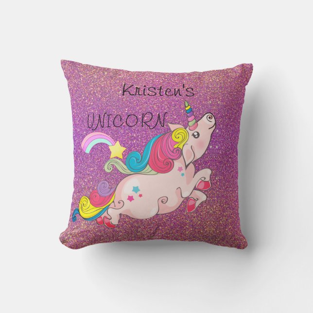 CustomText/ Unicorn Kawaii Rainbow Ombre Glitter Kussen (Voorkant)