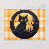 Cut Black Cat Sinaasappel en wit geruite Halloween Feestdagenkaart (Voorkant)