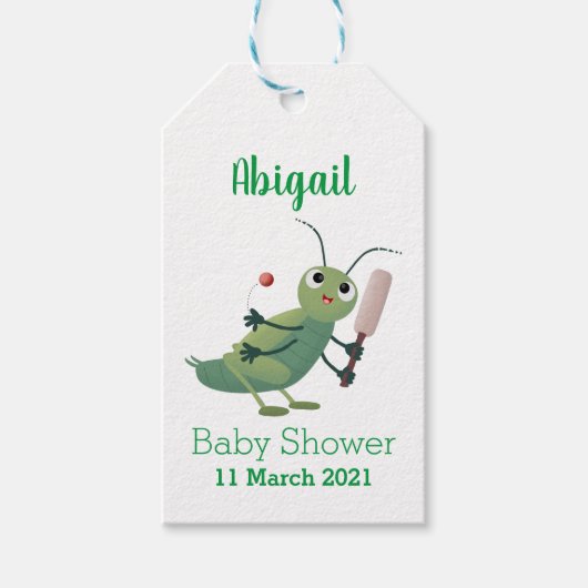 Cut green cricket insect cartoon illustratie cadeaulabel (Voorkant)