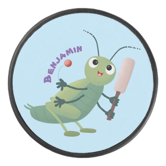Cut green cricket insect cartoon illustratie hockey puck (Voorkant)