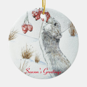 cut mouse and red berries snow scene wildlife art. keramisch ornament