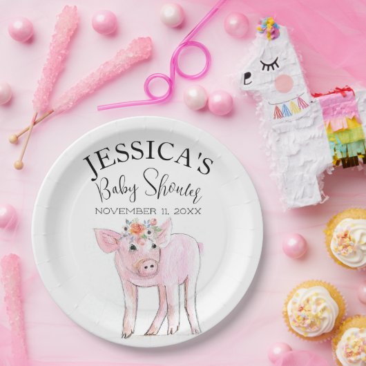 Cut Piggy Waterverf Baby shower Boho Meisje Papieren Bordje (Feest)