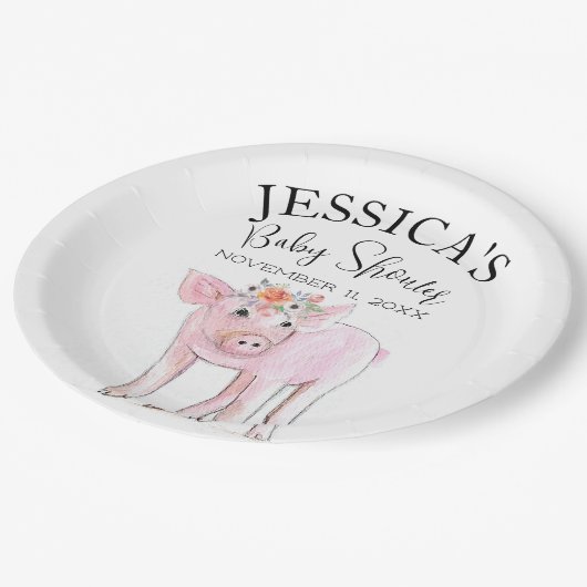 Cut Piggy Waterverf Baby shower Boho Meisje Papieren Bordje (Gekanteld)