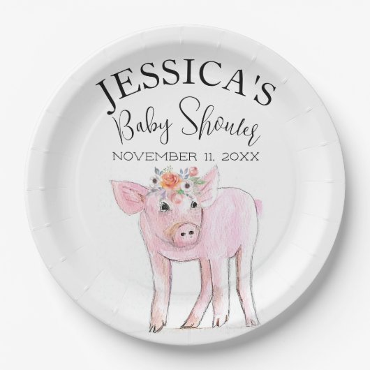 Cut Piggy Waterverf Baby shower Boho Meisje Papieren Bordje (Voorkant)
