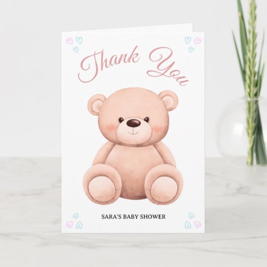 Cut Teddy Bear, Pastel Girl Baby Shower Folded Bedankkaart (Voorkant)