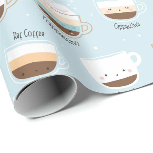Cutcups koffie op lichtblauw verpakkingspapier cadeaupapier (Rol Hoek)