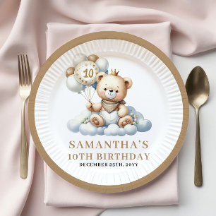 Cute 10e Verjaardag Teddybeer Gouden Ballon Borden Papieren Bordje
