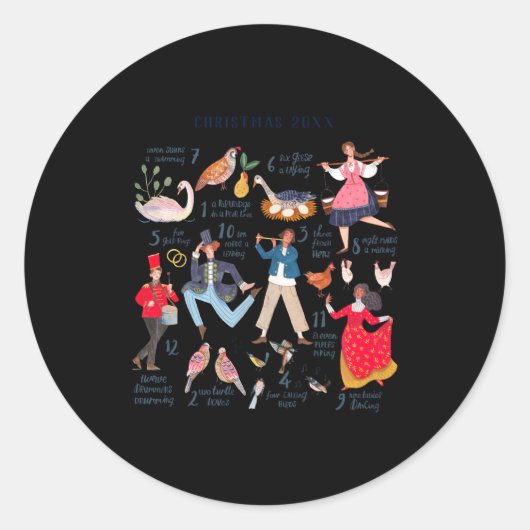 Cute 12 Days Of Christmas Clic Traditional  Ronde Sticker (Voorkant)