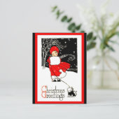 Cute 1920's kerstmeisje Muff Dog Red Copy Briefkaart (Staand voorkant)