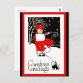 Cute 1920's kerstmeisje Muff Dog Red Copy Briefkaart (Voorkant / Achterkant)