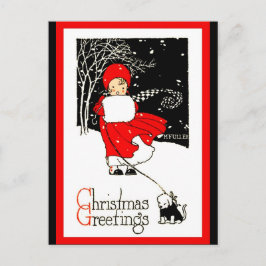Cute 1920's kerstmeisje Muff Dog Red Copy Briefkaart
