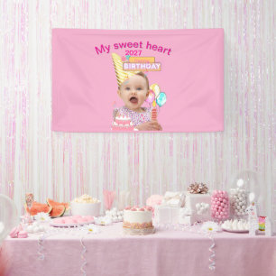 Cute 1e verjaardag roze gepersonaliseerde foto spandoek