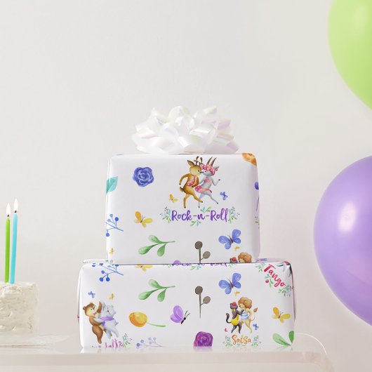 Cute 1e verjaardagsfeest bosdieren dansen cadeaupapier