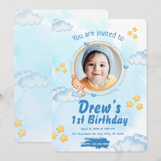 Cute 1st Baby Boy Birthday Invitation Kaart (Voorkant / Achterkant)