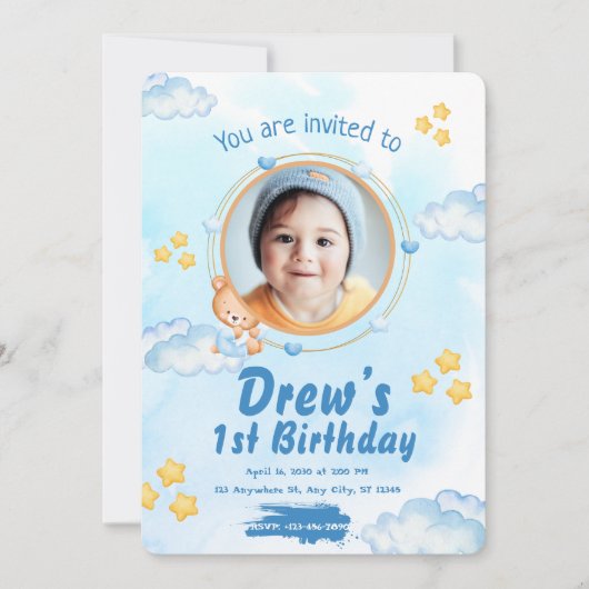 Cute 1st Baby Boy Birthday Invitation Kaart (Voorkant)