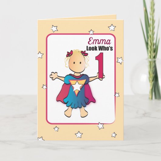Cute 1st Birthday Kaart voor Super Girl (Voorkant)