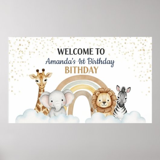 Cute 1st Birthday Safari Animals Paper Poster (Voorkant)