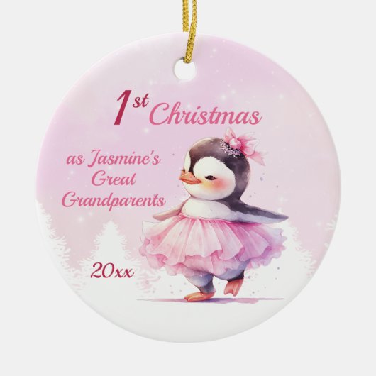 Cute 1st Kerstmis Penguin Great Grandouders Pink Keramisch Ornament (Voorkant)