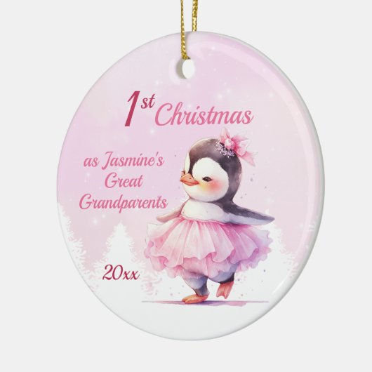 Cute 1st Kerstmis Penguin Great Grandouders Pink Keramisch Ornament (Links)