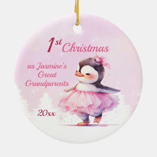Cute 1st Kerstmis Penguin Great Grandouders Pink Keramisch Ornament (Achterkant)
