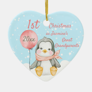 Cute 1st Kerstmis Penguin Great Grandouders Pink Keramisch Ornament