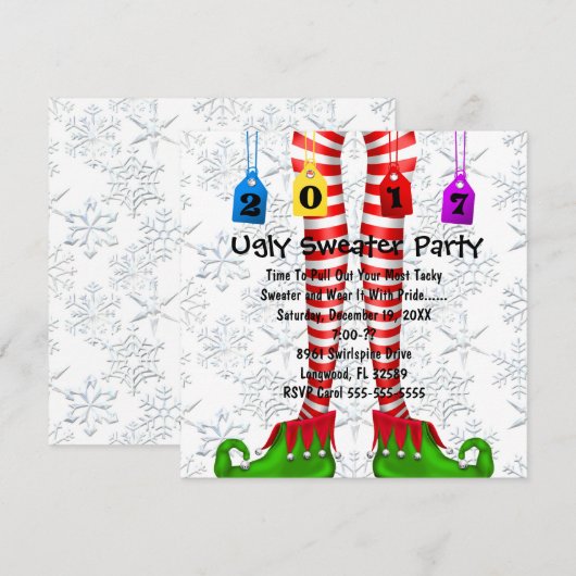 Cute 2017 Elf Stocking Ugly Sweater Party Invite Kaart (Voorkant / Achterkant)