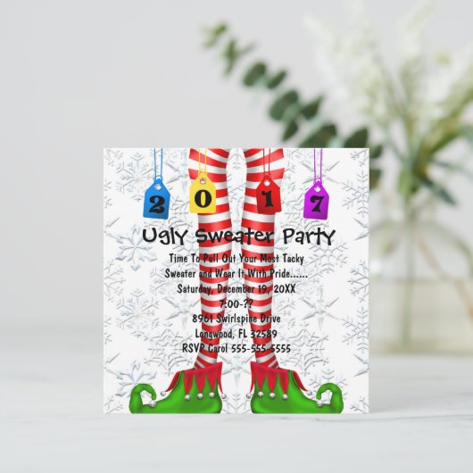 Cute 2017 Elf Stocking Ugly Sweater Party Invite Kaart (Staand voorkant)