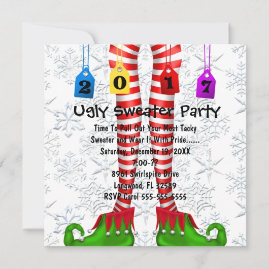 Cute 2017 Elf Stocking Ugly Sweater Party Invite Kaart (Voorkant)