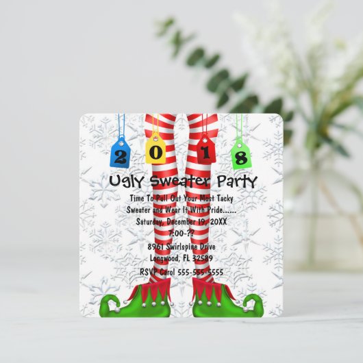 Cute 2018 Elf Stocking Ugly Sweater Party Invite Kaart (Staand voorkant)