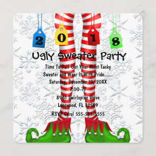 Cute 2018 Elf Stocking Ugly Sweater Party Invite Kaart
