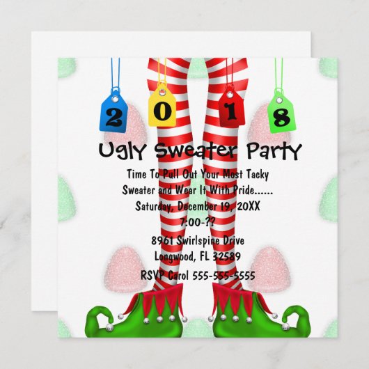 Cute 2018 Elf Stocking Ugly Sweater Party Invite Kaart (Voorkant / Achterkant)