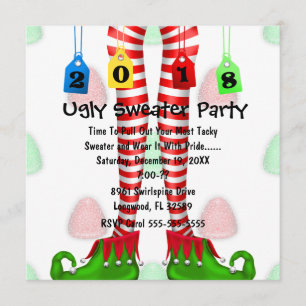 Cute 2018 Elf Stocking Ugly Sweater Party Invite Kaart