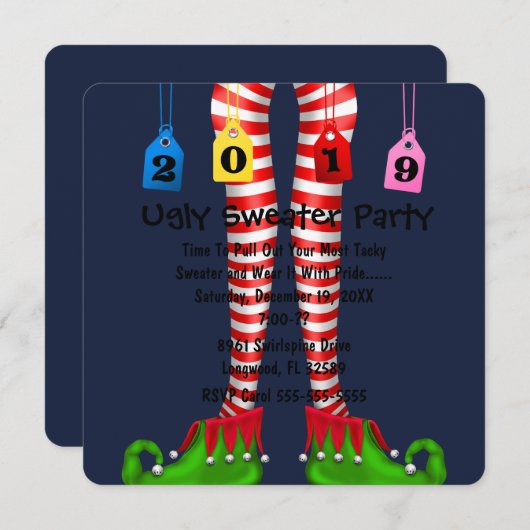 Cute 2019 Elf Stocking Chritmas Party Invite Kaart (Voorkant / Achterkant)