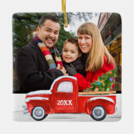 Cute 2-Sided Family Photo Red Truck Kerstmis Keramisch Ornament