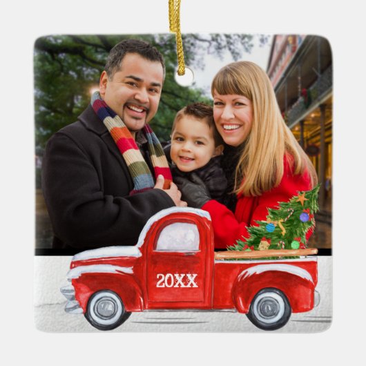 Cute 2-Sided Family Photo Red Truck Kerstmis Keramisch Ornament (Voorkant)