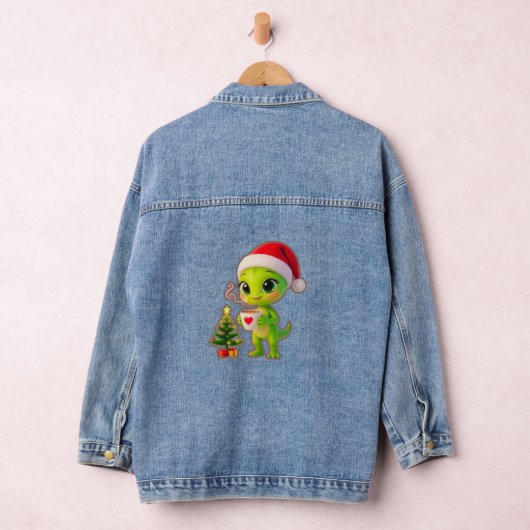 **Cute 3D Green Alien in Santa Hat with Hot Chocol Denim Jacket (Hangar)