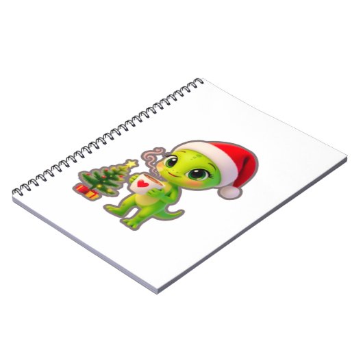 **Cute 3D Green Alien in Santa Hat with Hot Chocol Notitieboek (Linkerzijde)